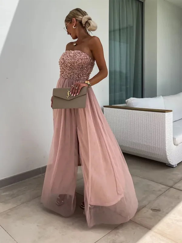 Strapless Maxi Dress with Ruched Bodice and High Slit