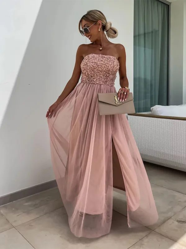 Strapless Maxi Dress with Ruched Bodice and High Slit
