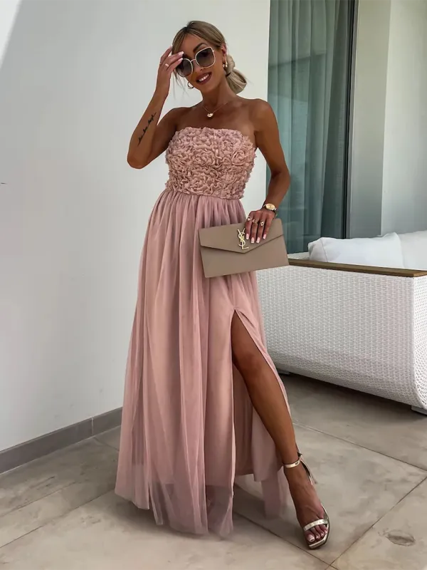 Strapless Maxi Dress with Ruched Bodice and High Slit