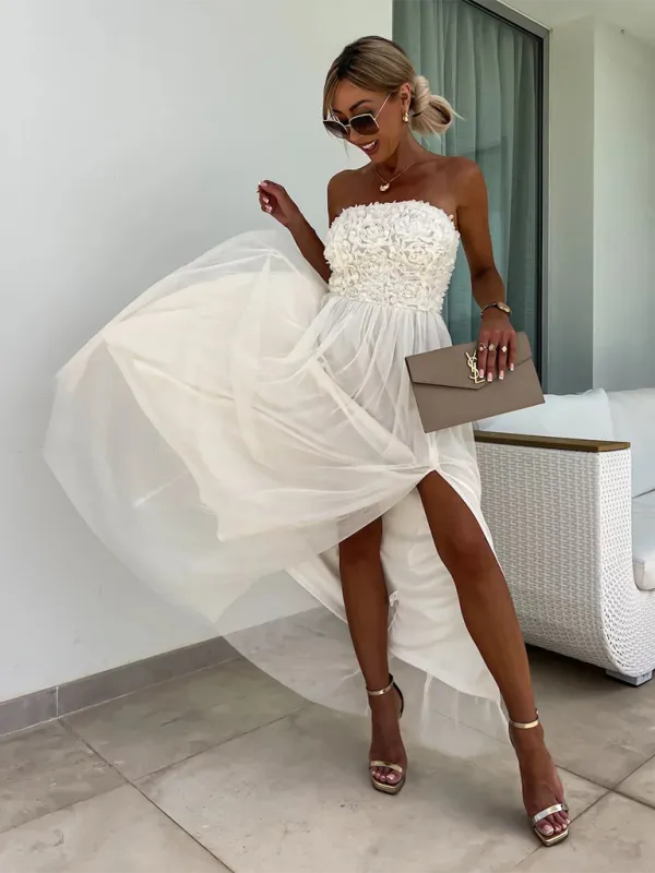 Strapless Maxi Dress with Ruched Bodice and High Slit