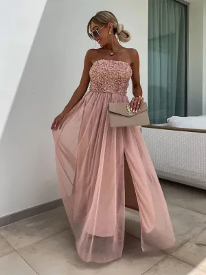 Strapless Maxi Dress with Ruched Bodice and High Slit