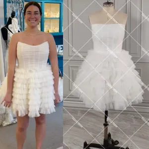 Strapless Mini Length Layered Tulle Wedding Dress Corset Bodice Customized Boning Ruching Tulle Cute Princess Bridal Gowns