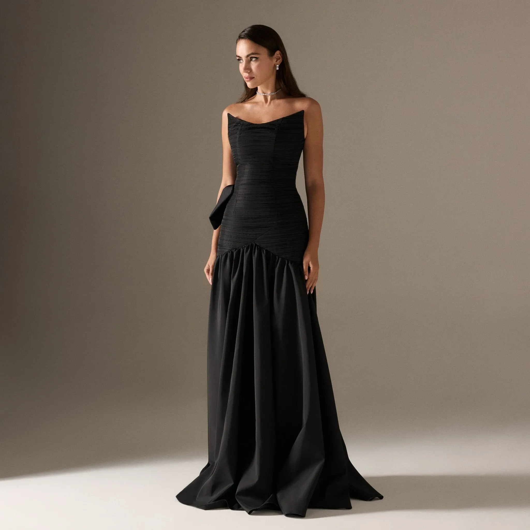 Strapless Ruched Taffeta Floor Length Dress