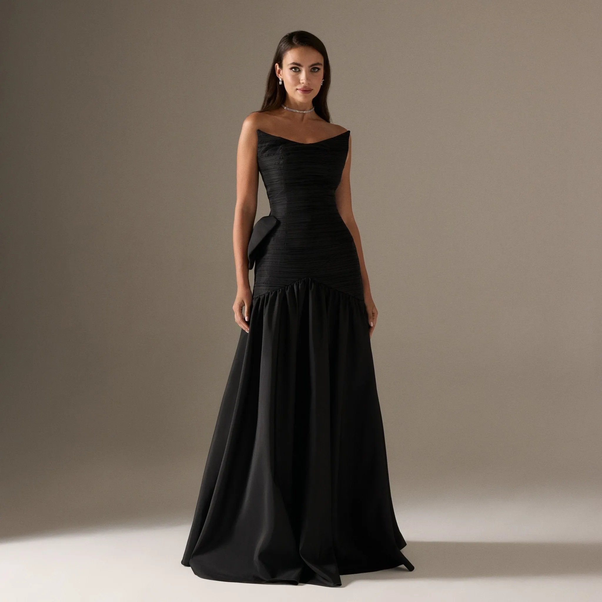 Strapless Ruched Taffeta Floor Length Dress