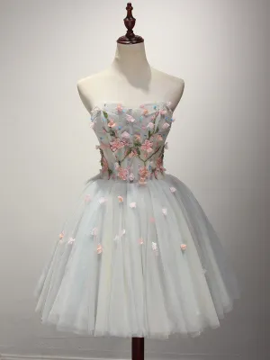 Strapless Short Gray Bridesmaid Dress with Flower Appliques