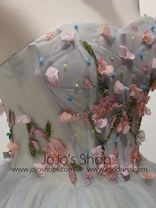 Strapless Short Gray Bridesmaid Dress with Flower Appliques