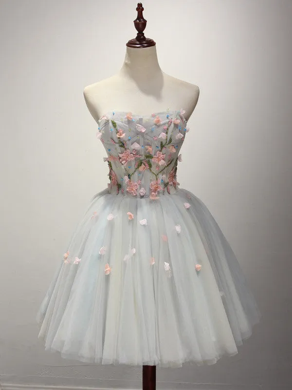 Strapless Short Gray Bridesmaid Dress with Flower Appliques
