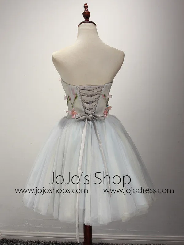 Strapless Short Gray Bridesmaid Dress with Flower Appliques