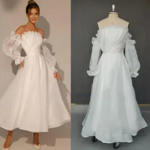 Strapless Simple Organza Ankle Length Wedding Dress Princess Long Puffy Sleeves Plus Size Beach Customized Micro Bridal Gowns