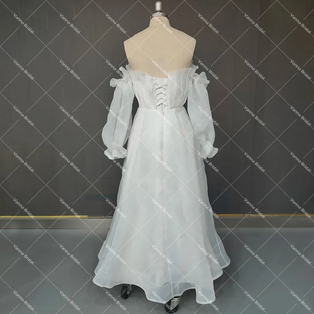 Strapless Simple Organza Ankle Length Wedding Dress Princess Long Puffy Sleeves Plus Size Beach Customized Micro Bridal Gowns