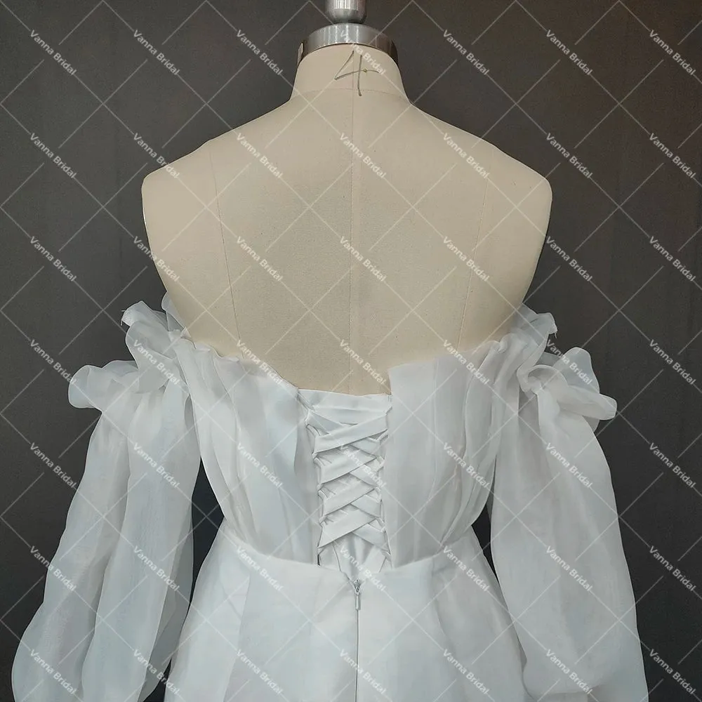 Strapless Simple Organza Ankle Length Wedding Dress Princess Long Puffy Sleeves Plus Size Beach Customized Micro Bridal Gowns