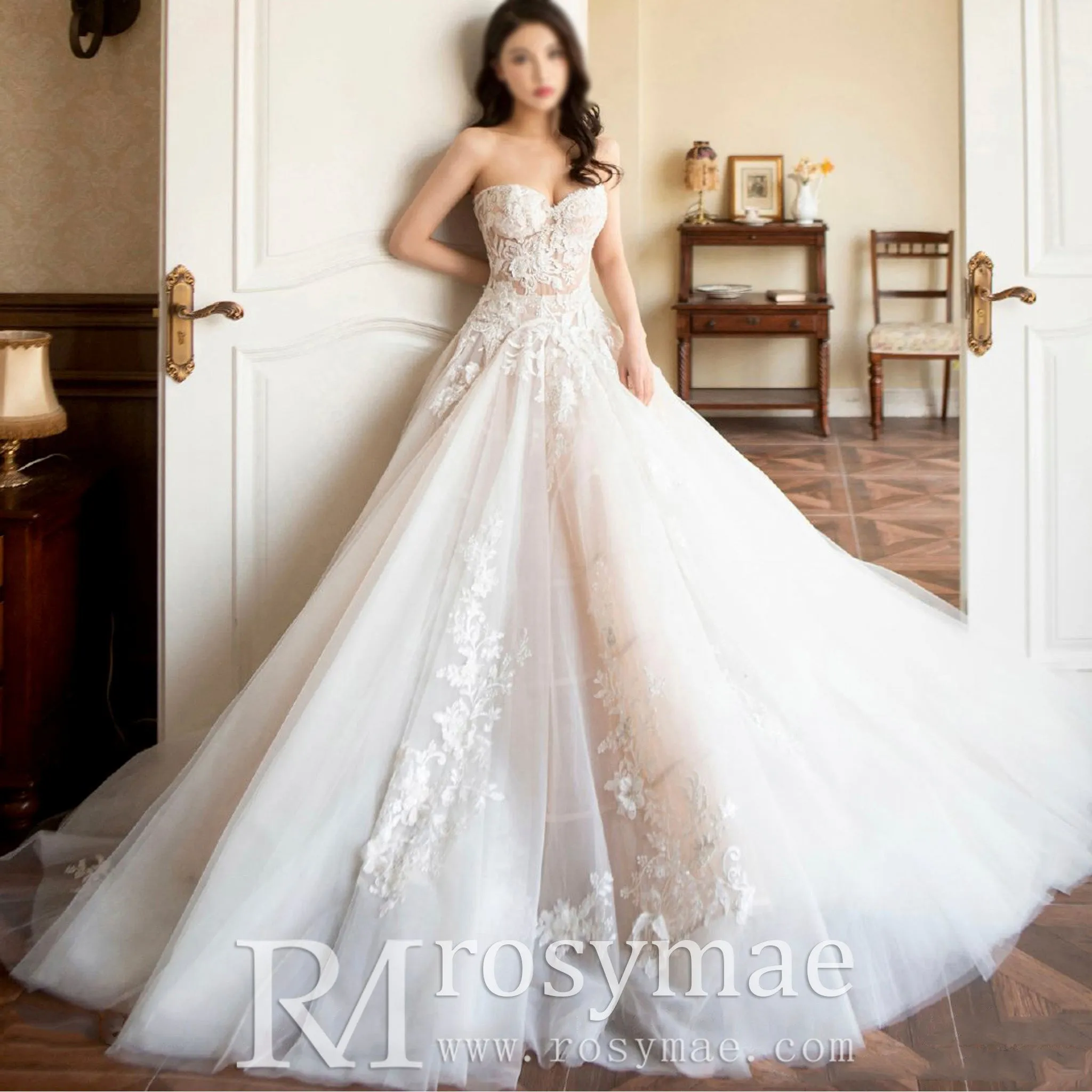 Strapless Sweetheart Ball Gown Wedding Dress with Sheer Bodice