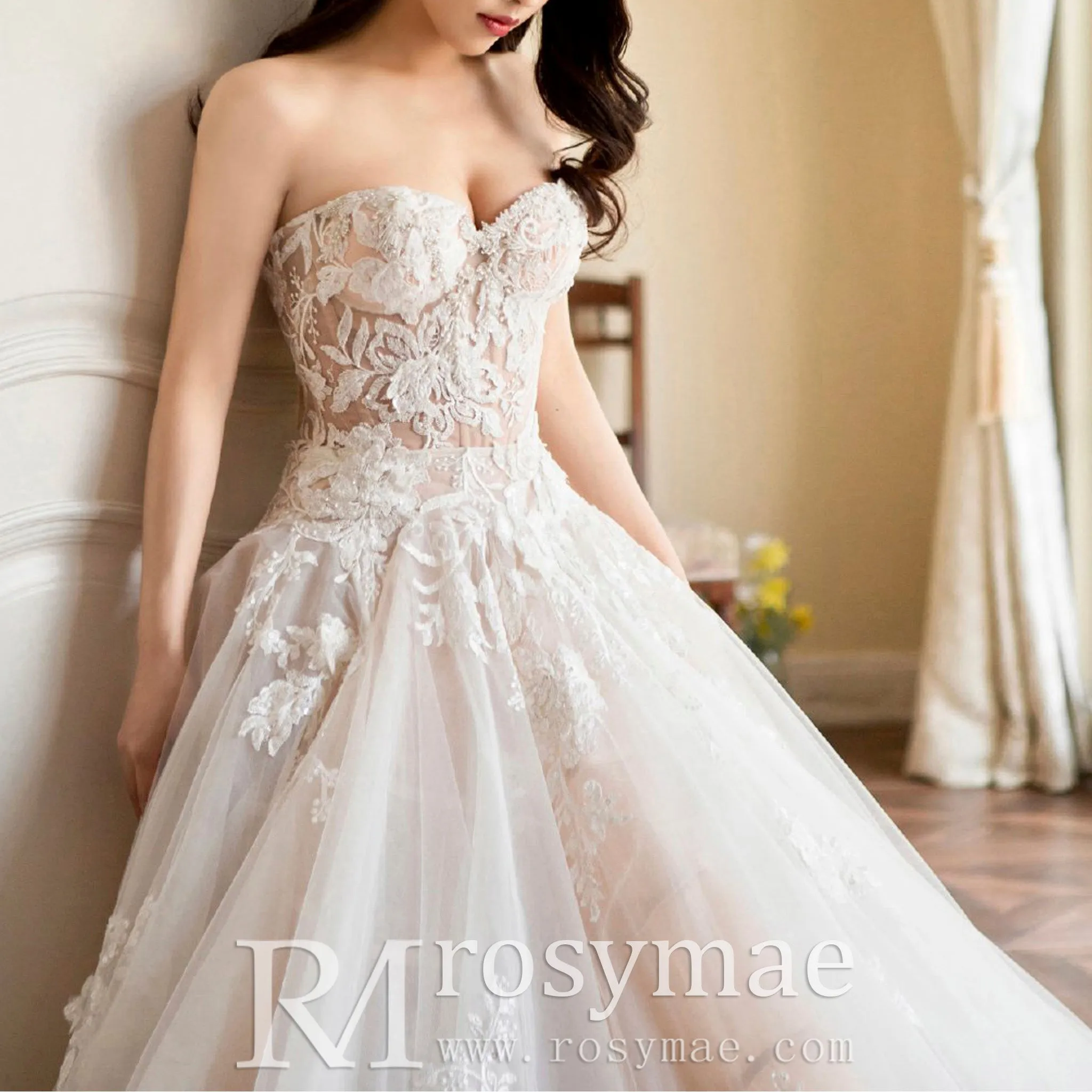 Strapless Sweetheart Ball Gown Wedding Dress with Sheer Bodice