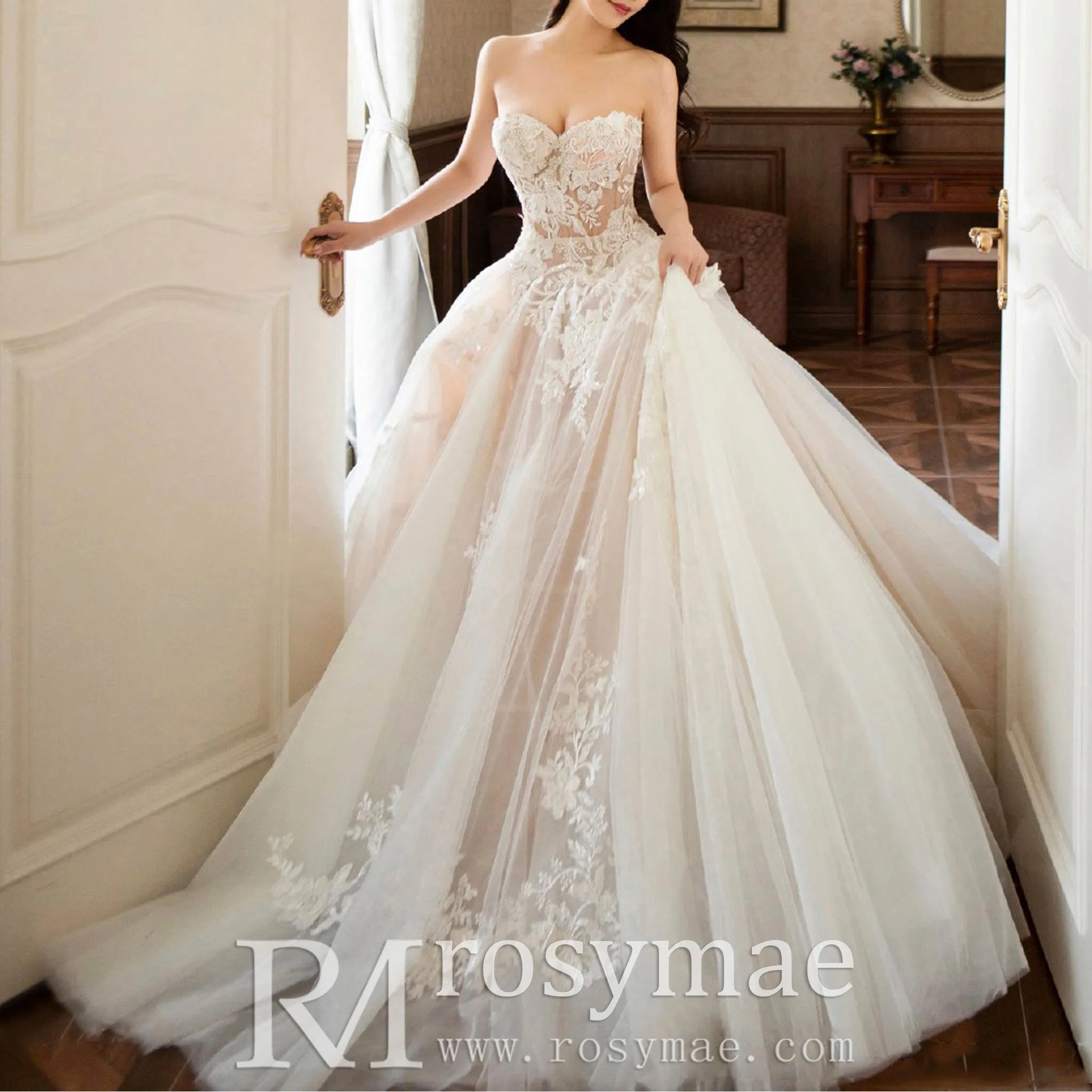 Strapless Sweetheart Ball Gown Wedding Dress with Sheer Bodice