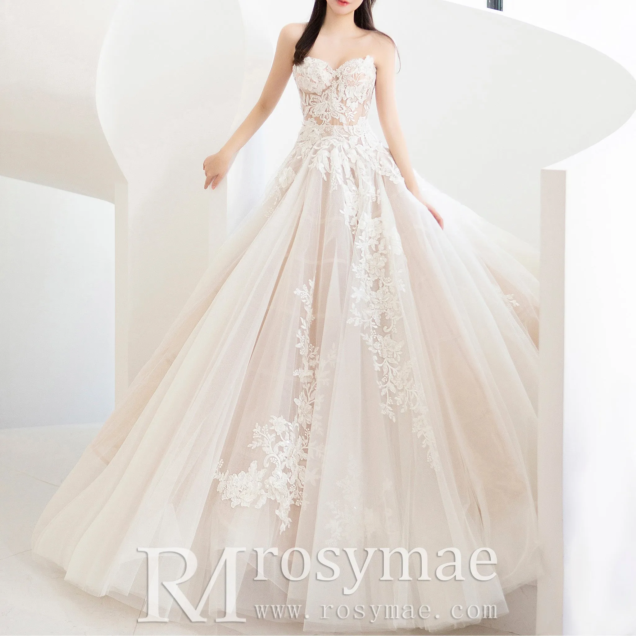 Strapless Sweetheart Ball Gown Wedding Dress with Sheer Bodice