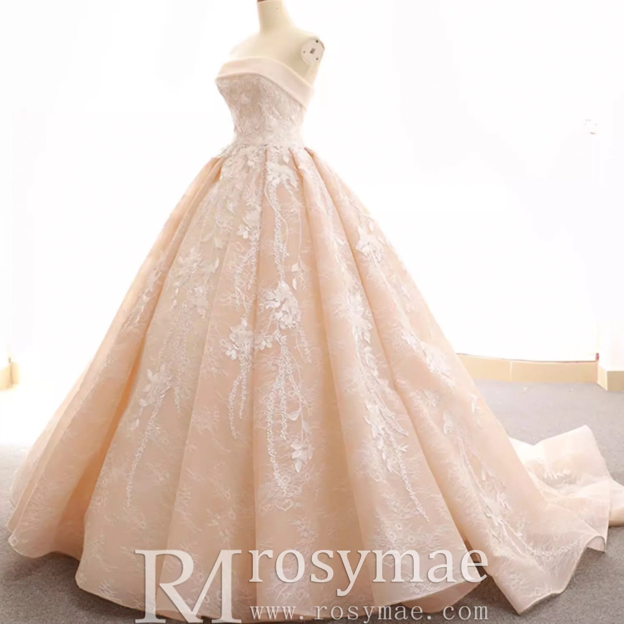 Strapless Tulle Lace Ball Gown Wedding Dress with Straight Neckline