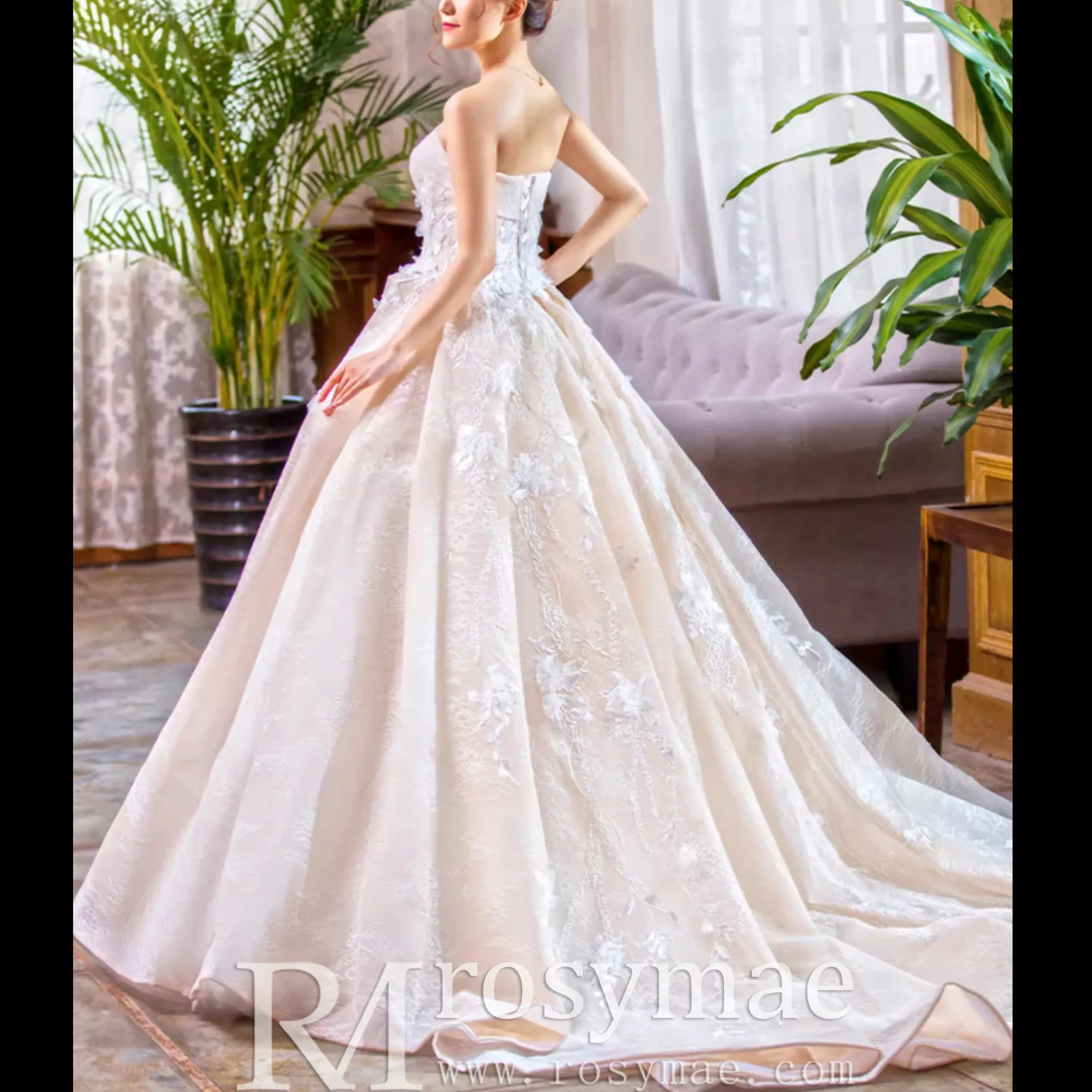 Strapless Tulle Lace Ball Gown Wedding Dress with Straight Neckline