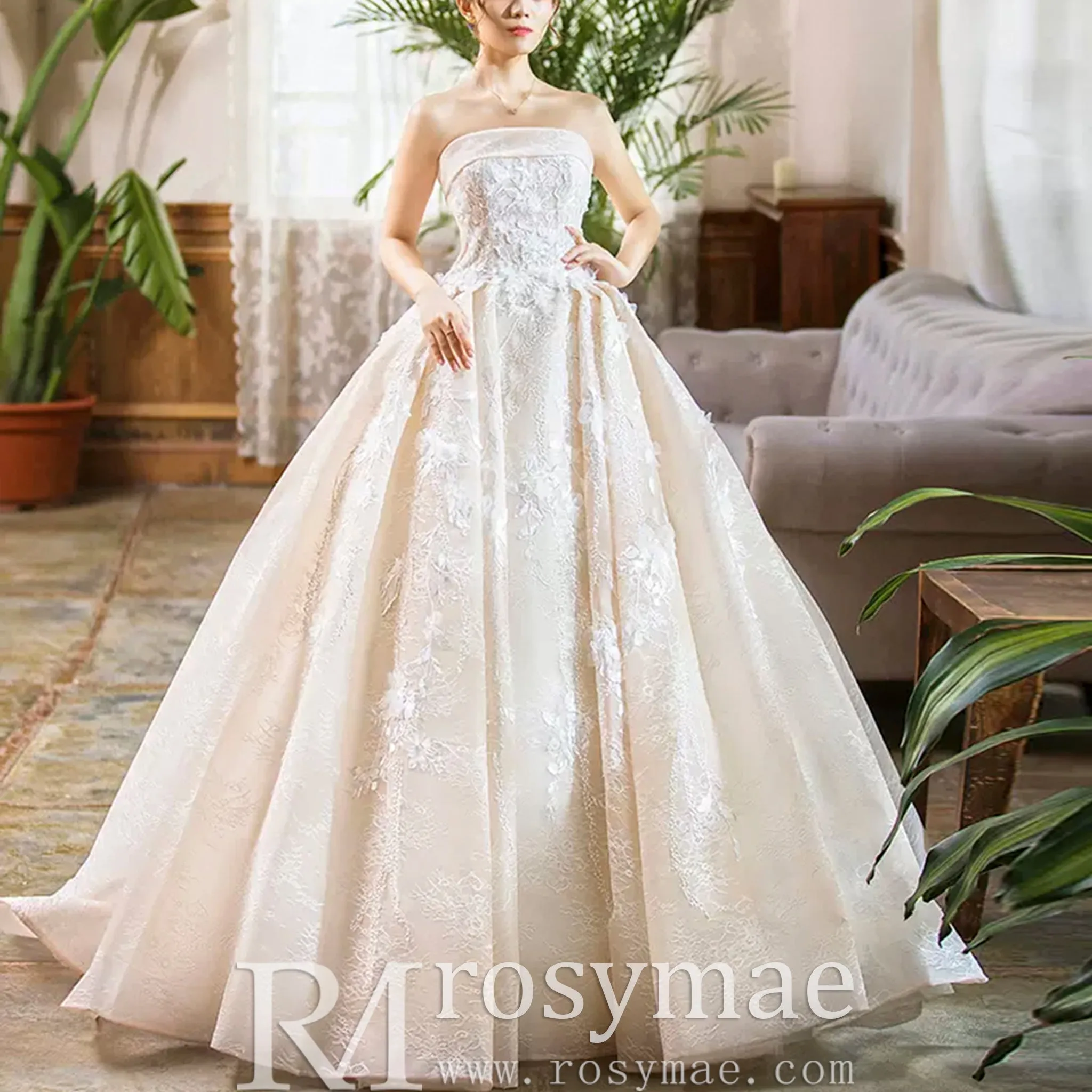 Strapless Tulle Lace Ball Gown Wedding Dress with Straight Neckline