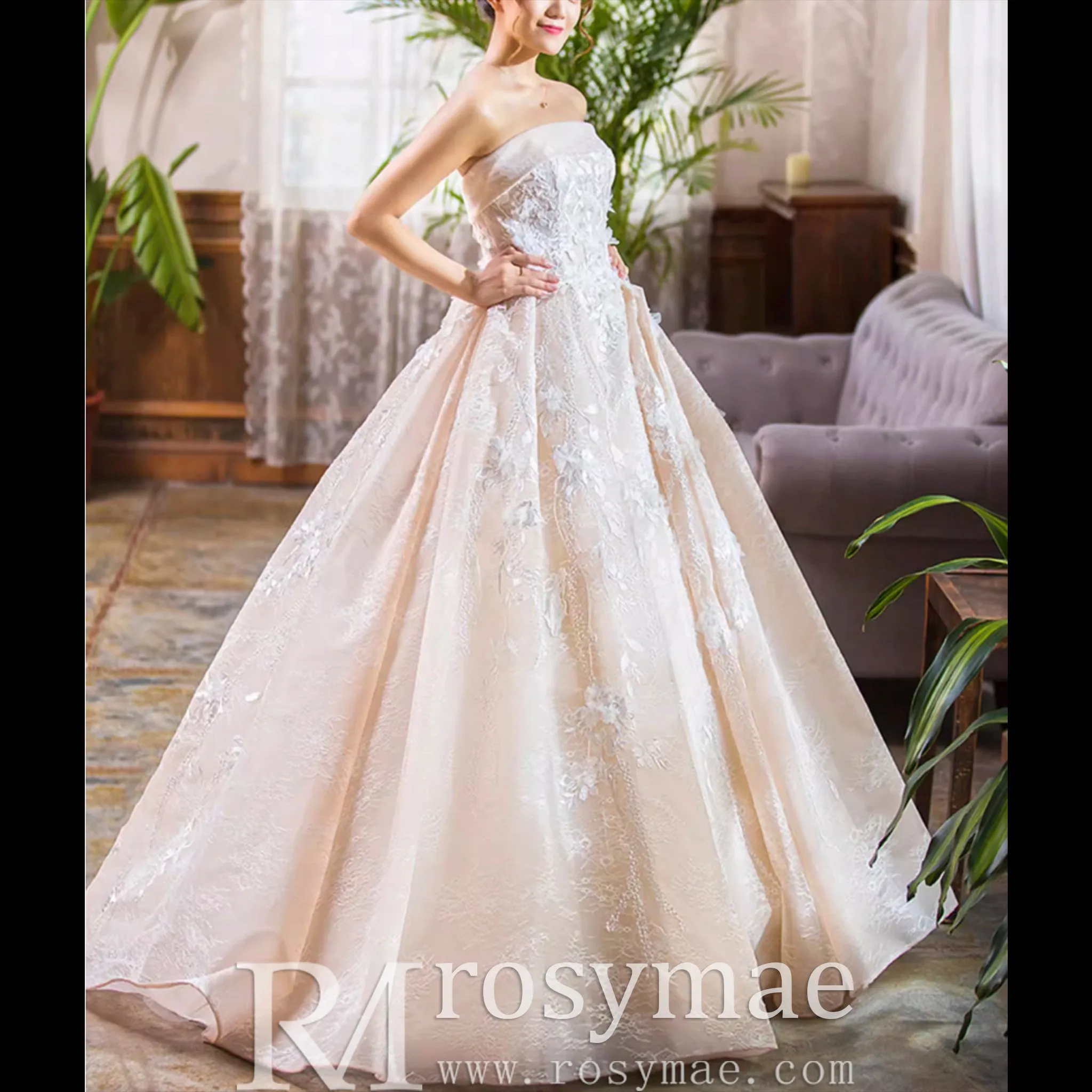 Strapless Tulle Lace Ball Gown Wedding Dress with Straight Neckline