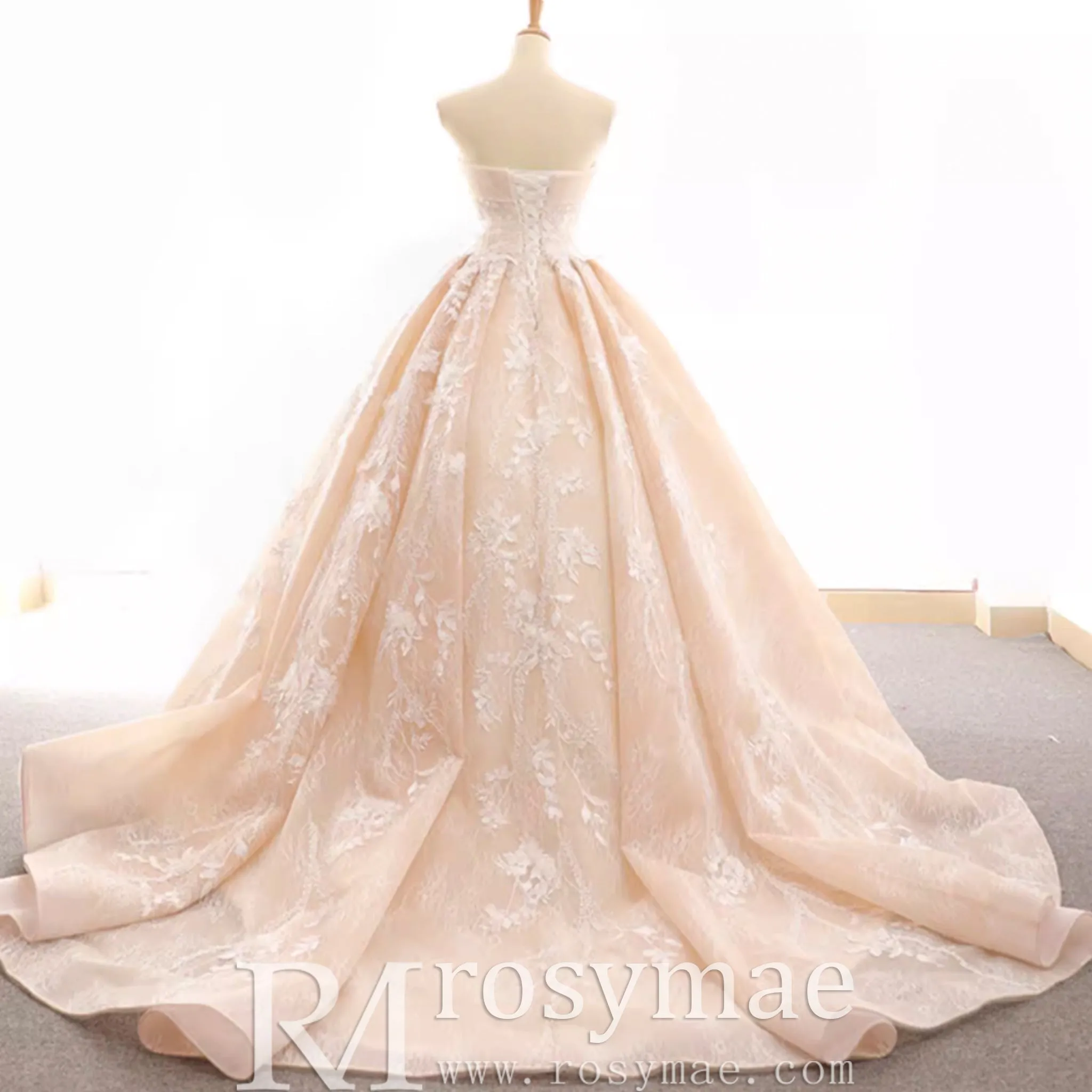 Strapless Tulle Lace Ball Gown Wedding Dress with Straight Neckline
