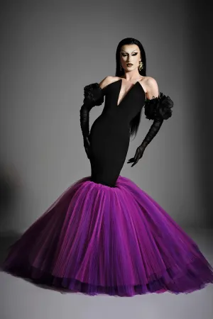 Strapless V Pleated Tulle Mermaid Gown