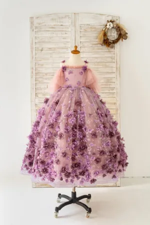 Straps 3D Purple Lace Flower Tulle Wedding Flower Girl Dress Photography Gown