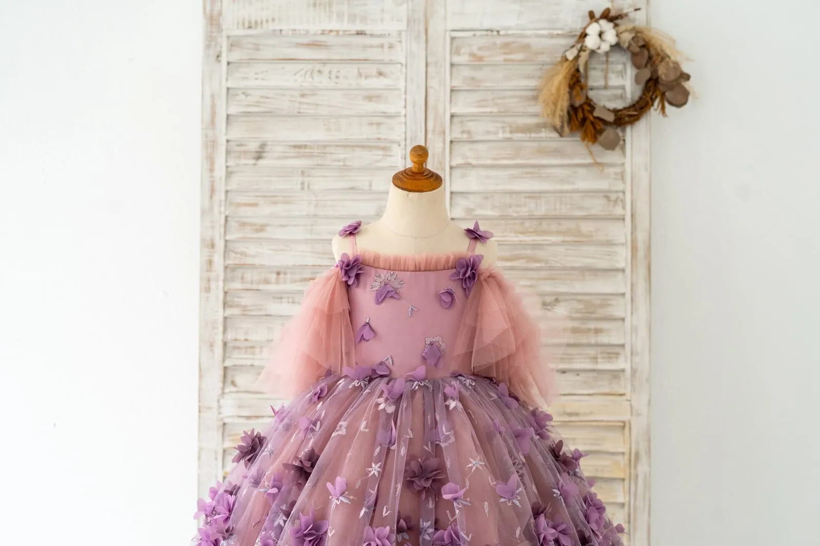 Straps 3D Purple Lace Flower Tulle Wedding Flower Girl Dress Photography Gown