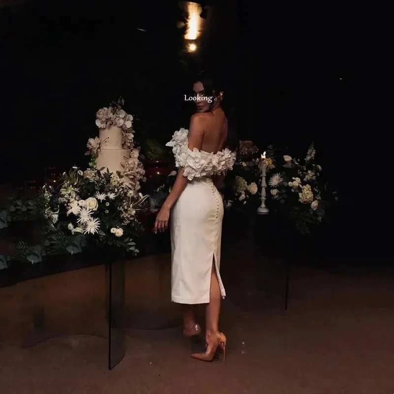 Stunning Robe De Mariee Short Satin Short Mermaid Strapless Wedding Dress Sexy Backless Off Shoulder Pleat Button Appliques