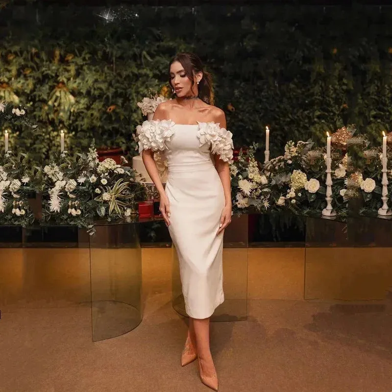 Stunning Robe De Mariee Short Satin Short Mermaid Strapless Wedding Dress Sexy Backless Off Shoulder Pleat Button Appliques