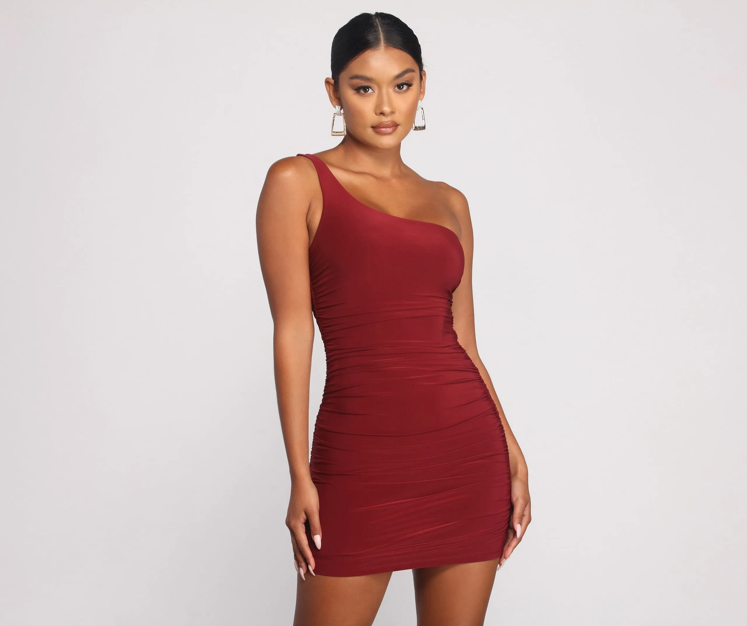 Such A Stunner One Graceful Shoulder Ruched Mini Dress