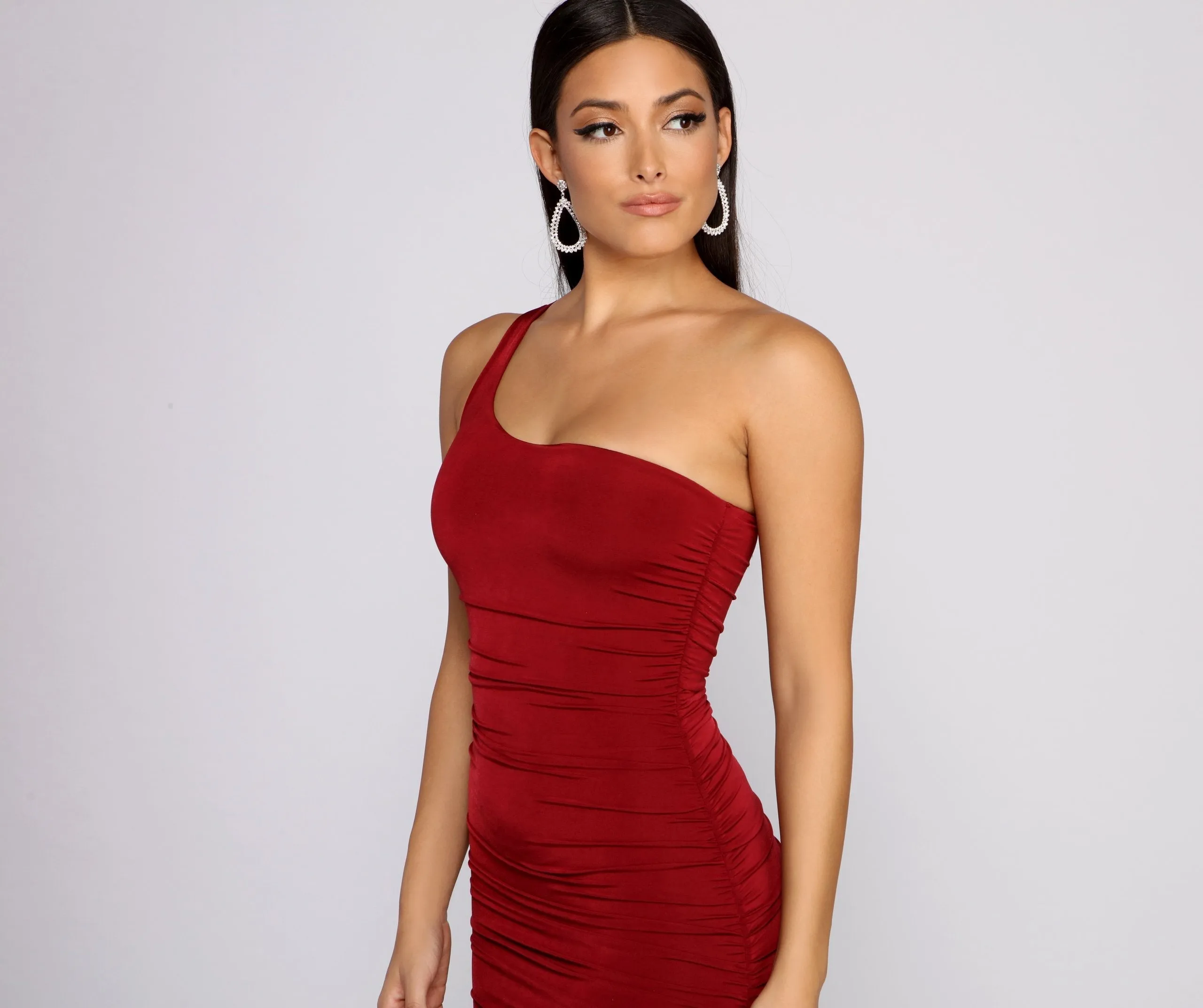 Such A Stunner One Graceful Shoulder Ruched Mini Dress