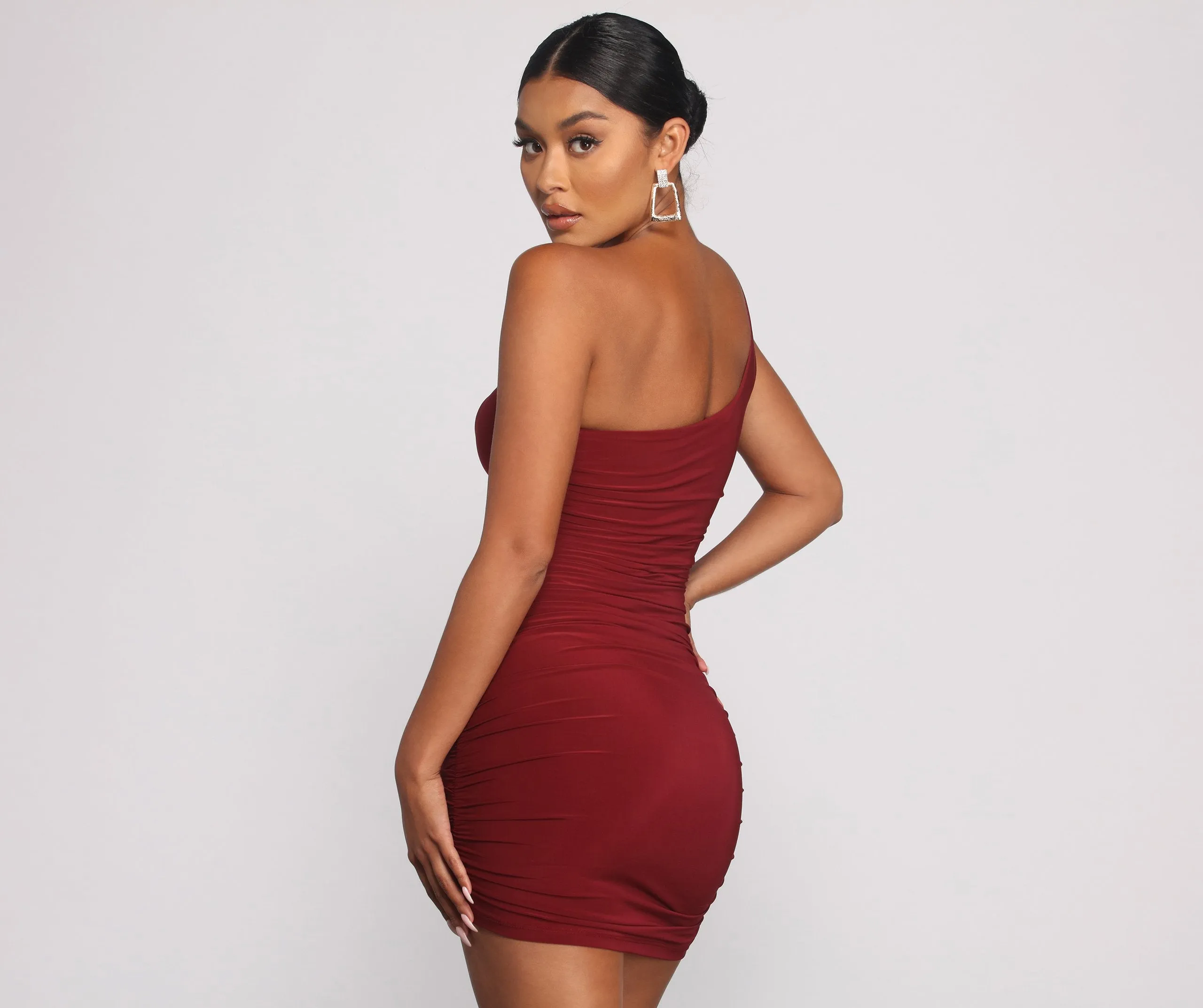 Such A Stunner One Graceful Shoulder Ruched Mini Dress