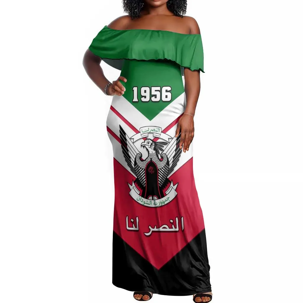 Sudan Independence Day Off Shoulder Maxi Dress with Sudanese Secretary Bird LT01