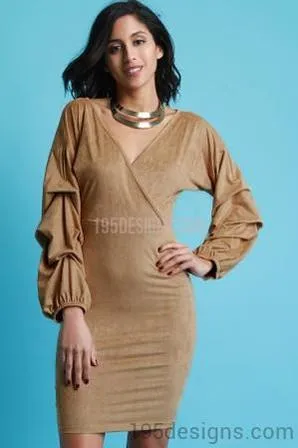 Suede Ruched Statement Sleeve Mini Dress