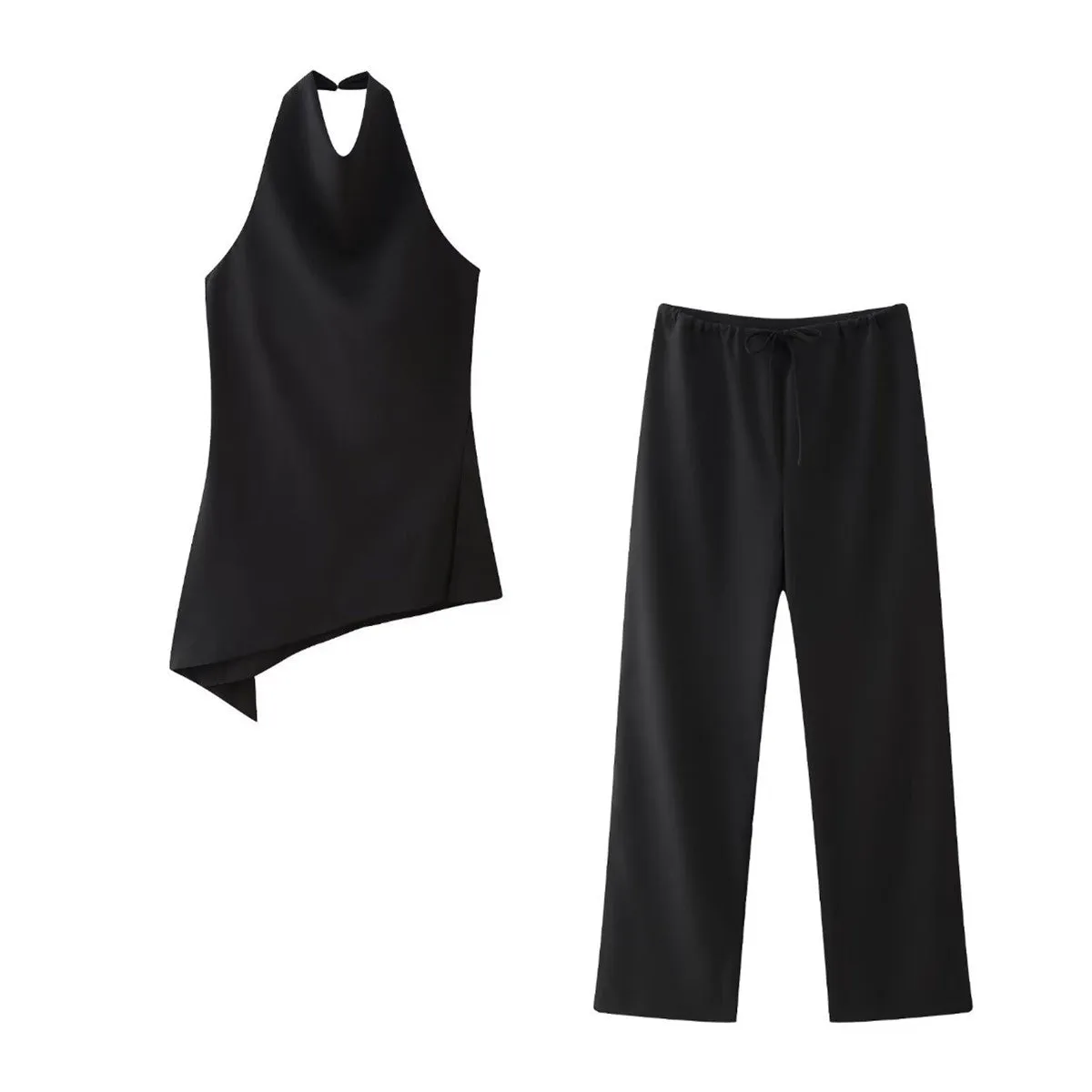 Suit Fabric Halter Top and High-Waisted Tie-Waist Casual Pants Set S-240501-46