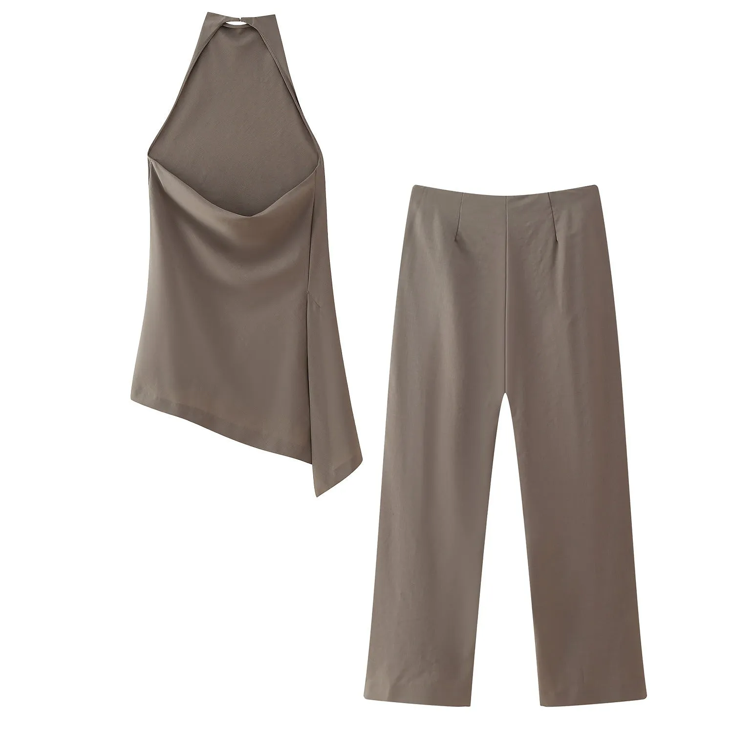 Suit Fabric Halter Top and High-Waisted Tie-Waist Casual Pants Set S-240501-46