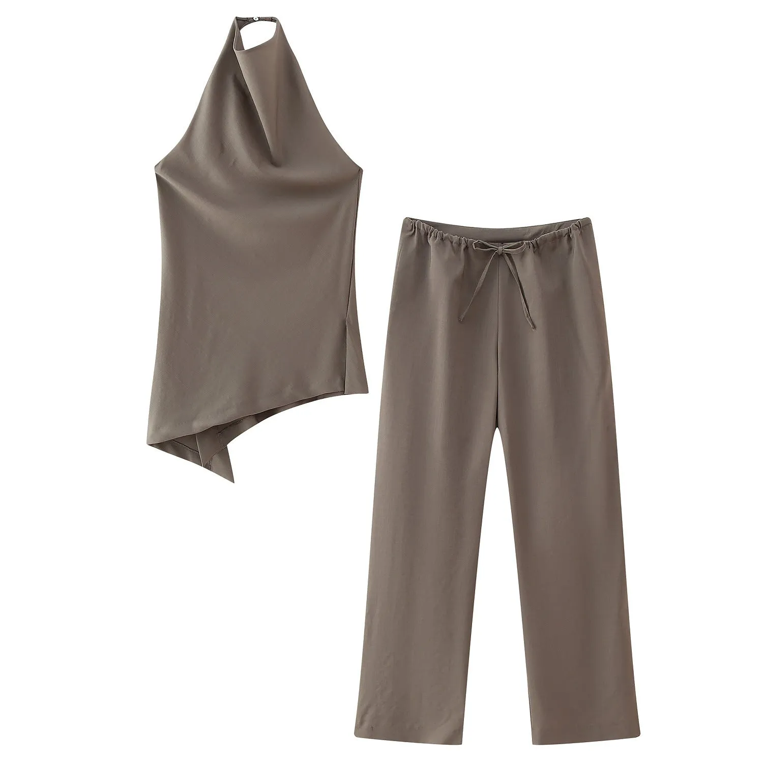 Suit Fabric Halter Top and High-Waisted Tie-Waist Casual Pants Set S-240501-46