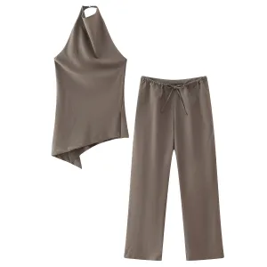 Suit Fabric Halter Top and High-Waisted Tie-Waist Casual Pants Set S-240501-46