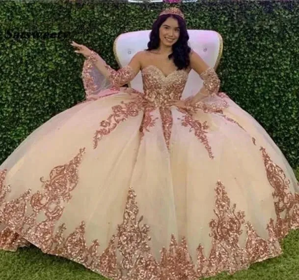 Sweetheart Quinceanera Dresses For 15 Party Detachable Sleeves Applique Formal Birthday Princess Gowns HOT