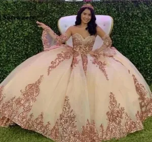 Sweetheart Quinceanera Dresses For 15 Party Detachable Sleeves Applique Formal Birthday Princess Gowns HOT