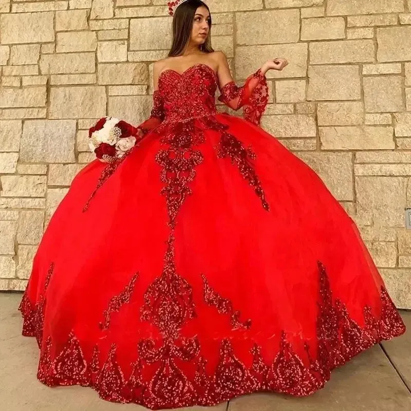 Sweetheart Quinceanera Dresses For 15 Party Detachable Sleeves Applique Formal Birthday Princess Gowns HOT
