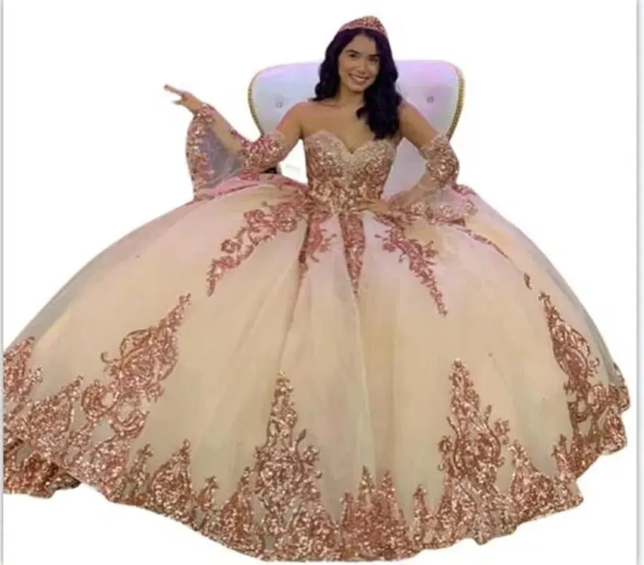 Sweetheart Quinceanera Dresses For 15 Party Detachable Sleeves Applique Formal Birthday Princess Gowns HOT