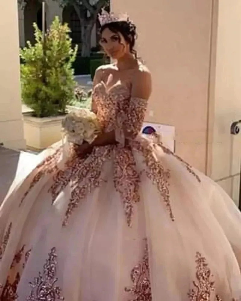 Sweetheart Quinceanera Dresses For 15 Party Detachable Sleeves Applique Formal Birthday Princess Gowns HOT