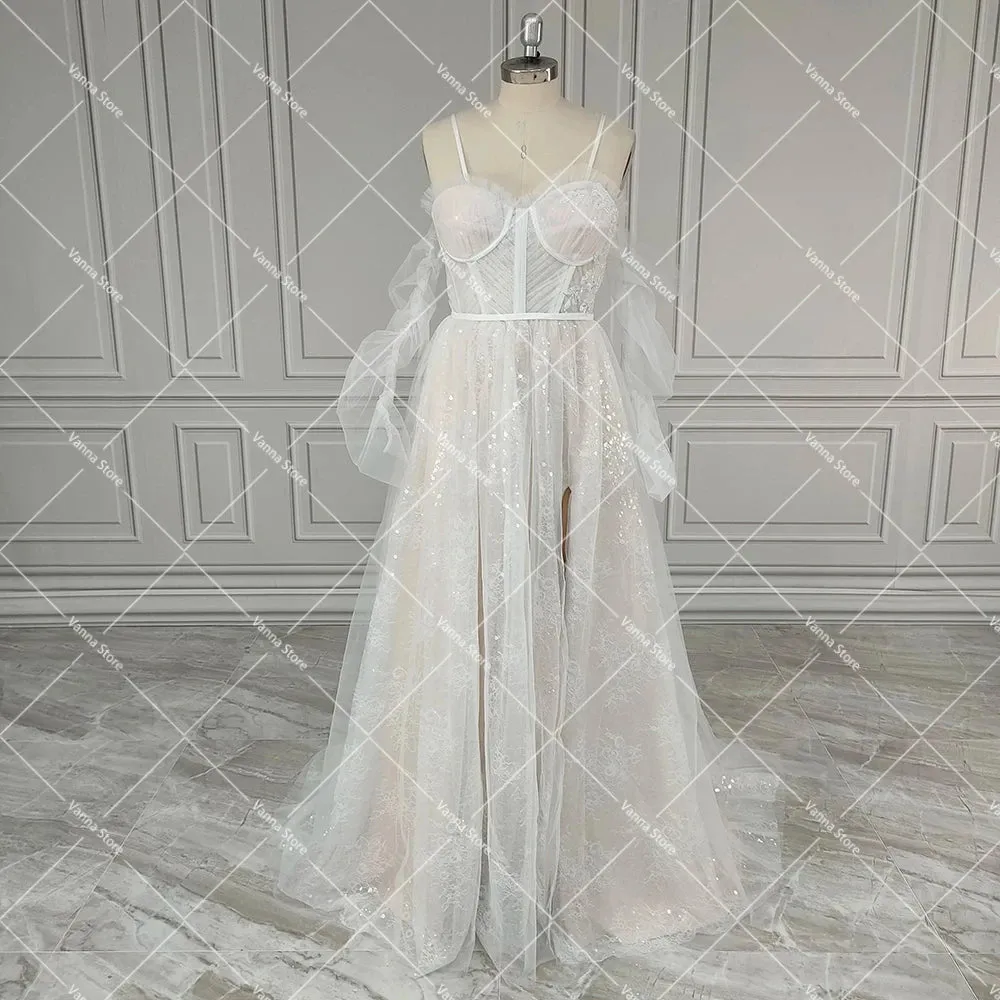 Sweetheart Sparkle Sequins Spaghetti Straps Wedding Dress Customized High Split Boning Long Shirred Sleeves Tulle Bridal Gowns