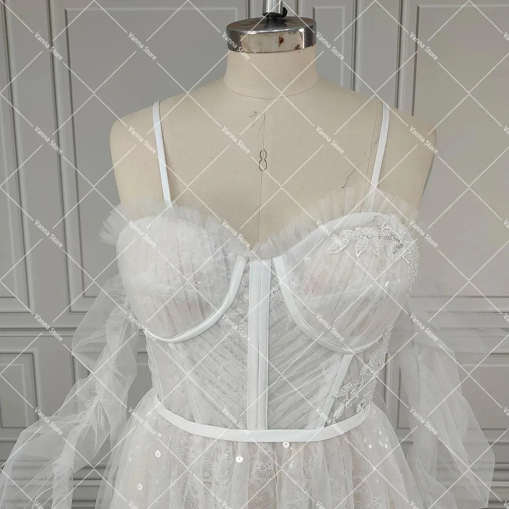 Sweetheart Sparkle Sequins Spaghetti Straps Wedding Dress Customized High Split Boning Long Shirred Sleeves Tulle Bridal Gowns