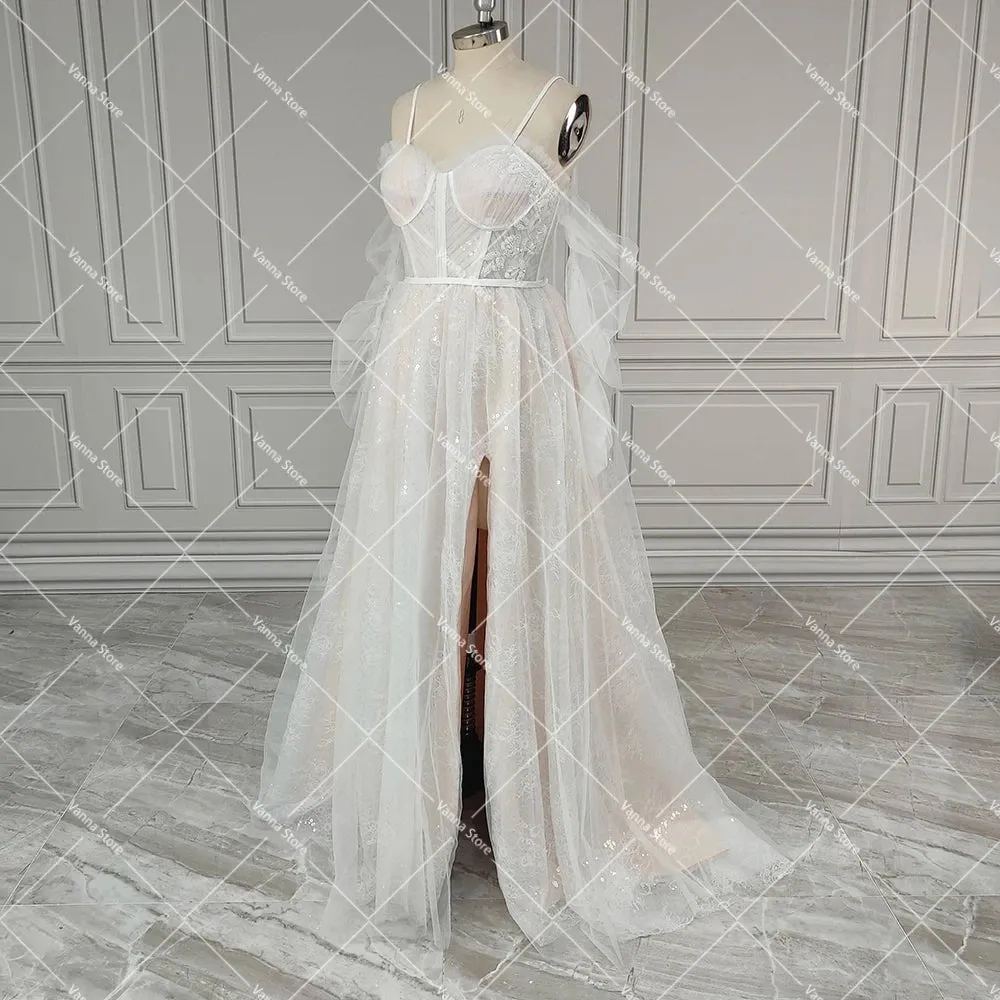 Sweetheart Sparkle Sequins Spaghetti Straps Wedding Dress Customized High Split Boning Long Shirred Sleeves Tulle Bridal Gowns