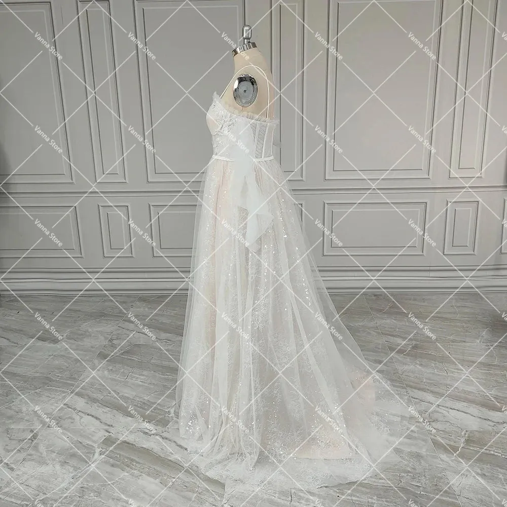 Sweetheart Sparkle Sequins Spaghetti Straps Wedding Dress Customized High Split Boning Long Shirred Sleeves Tulle Bridal Gowns
