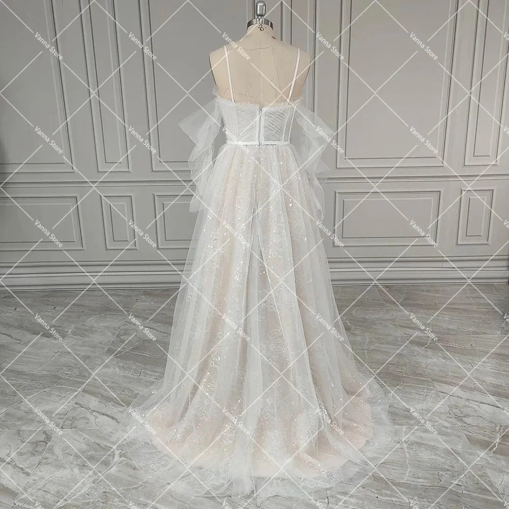 Sweetheart Sparkle Sequins Spaghetti Straps Wedding Dress Customized High Split Boning Long Shirred Sleeves Tulle Bridal Gowns