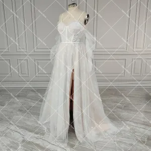Sweetheart Sparkle Sequins Spaghetti Straps Wedding Dress Customized High Split Boning Long Shirred Sleeves Tulle Bridal Gowns
