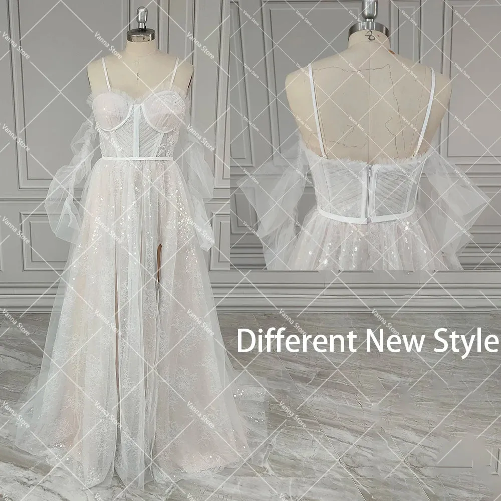 Sweetheart Sparkle Sequins Spaghetti Straps Wedding Dress Customized High Split Boning Long Shirred Sleeves Tulle Bridal Gowns